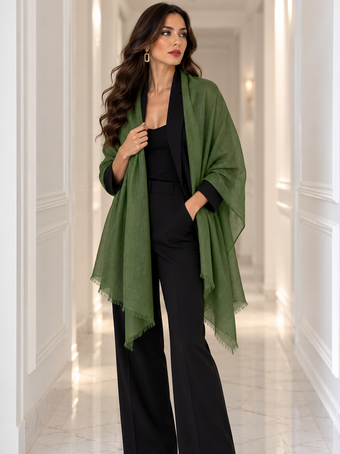 A woman stands in a bright hallway wearing a black jumpsuit and a flowing olive green shawl draped over her shoulders.