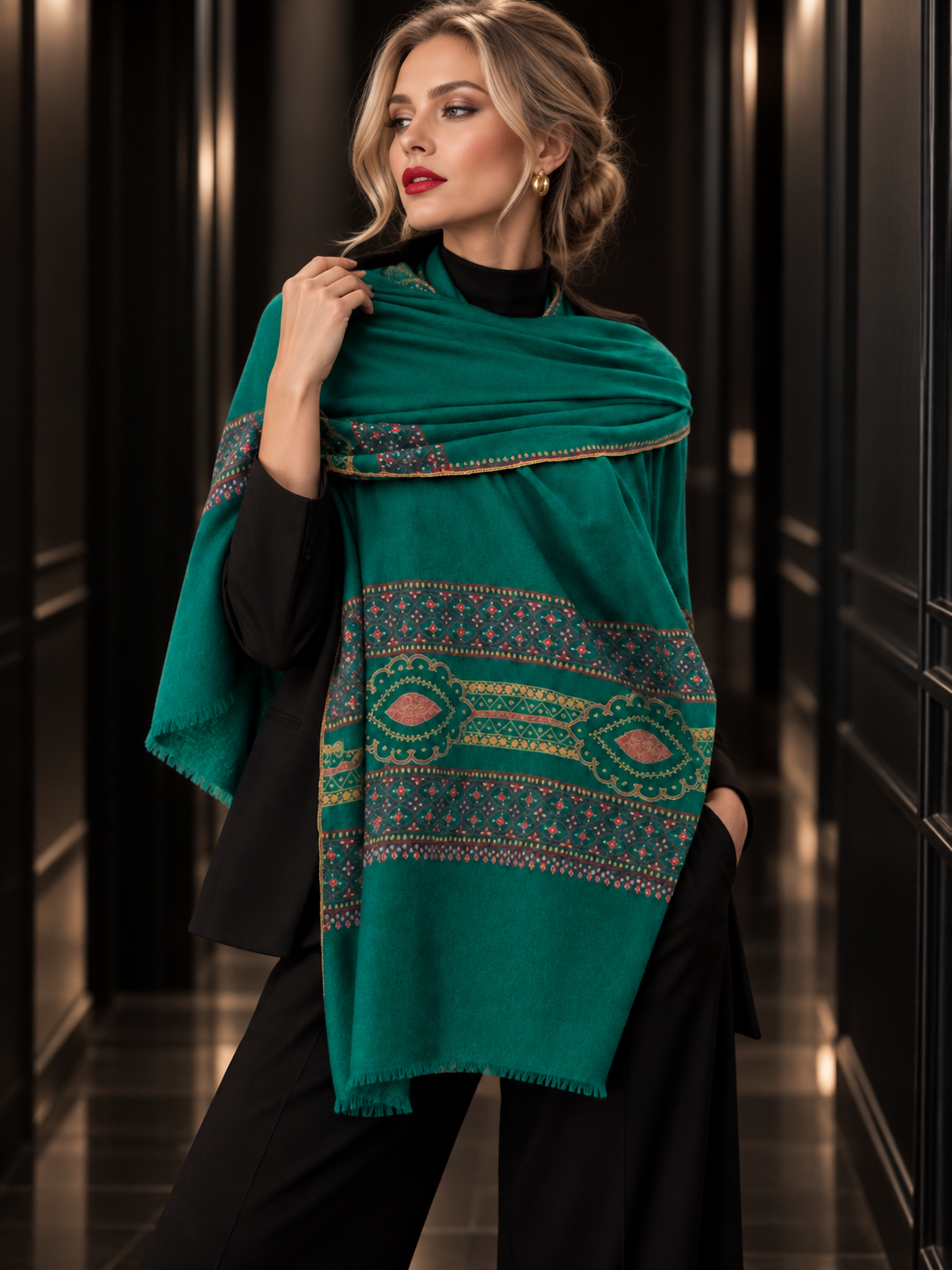A woman models a teal green shawl with intricate geometric and floral patterns in blue, gold, and pink, styled over a black outfit in a dark hallway.