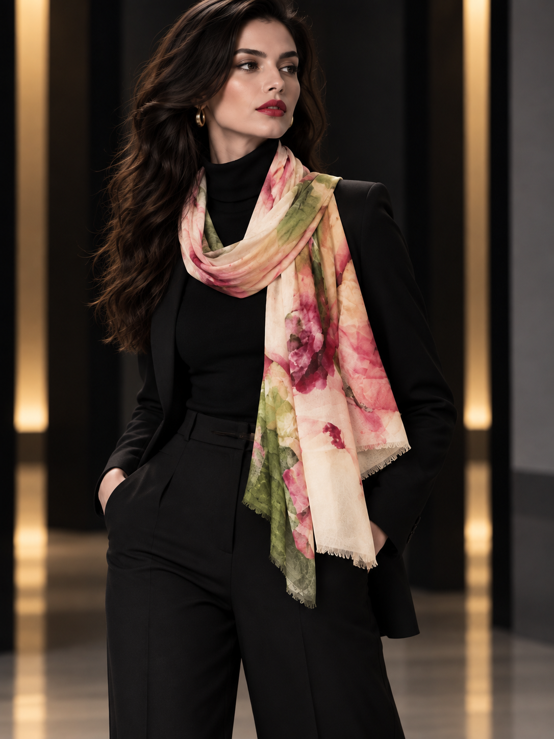 A woman wearing a black turtleneck, black blazer, and black trousers, styled with a lightweight floral scarf in pink, green, and cream tones, set against a dark background with warm vertical light strips.