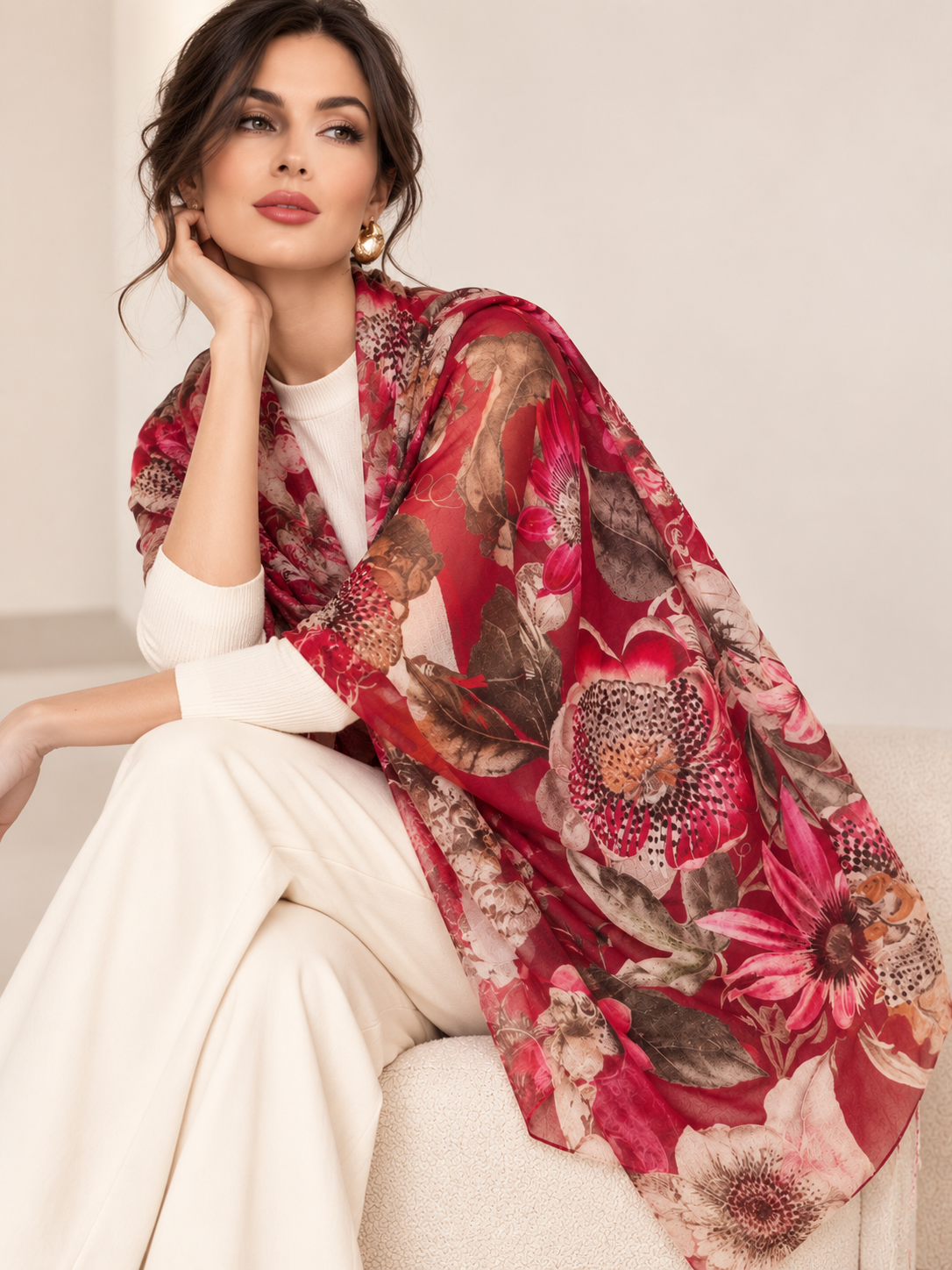 A woman seated indoors wearing a white outfit and a sheer red floral shawl draped over her shoulders. The shawl features large pink, red, and brown flowers with green and beige botanical details on a light neutral background.