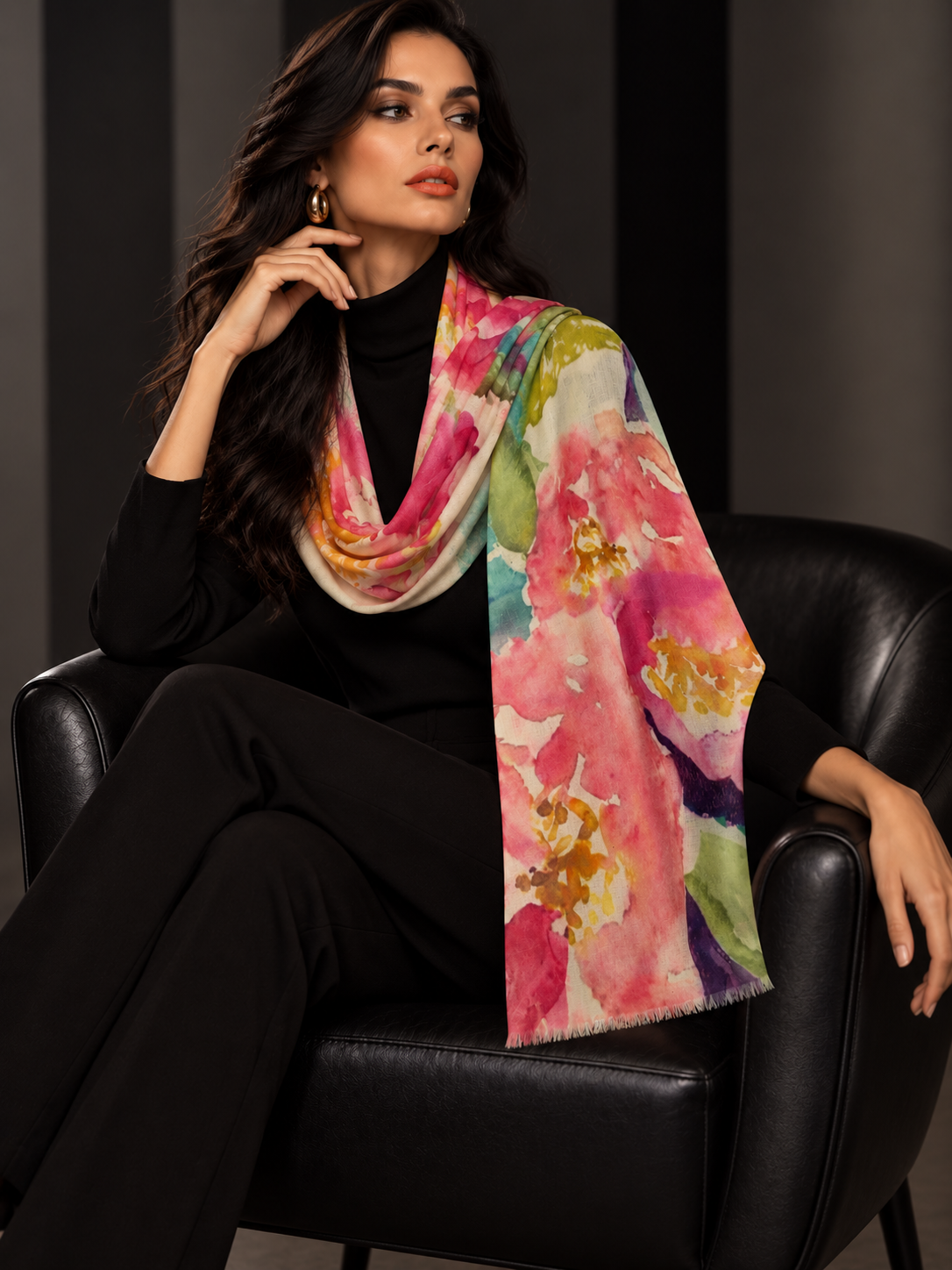 A woman seated in a black leather chair wearing a black outfit and a large multicolor floral scarf with pink, green, yellow, and blue watercolor-style flowers.