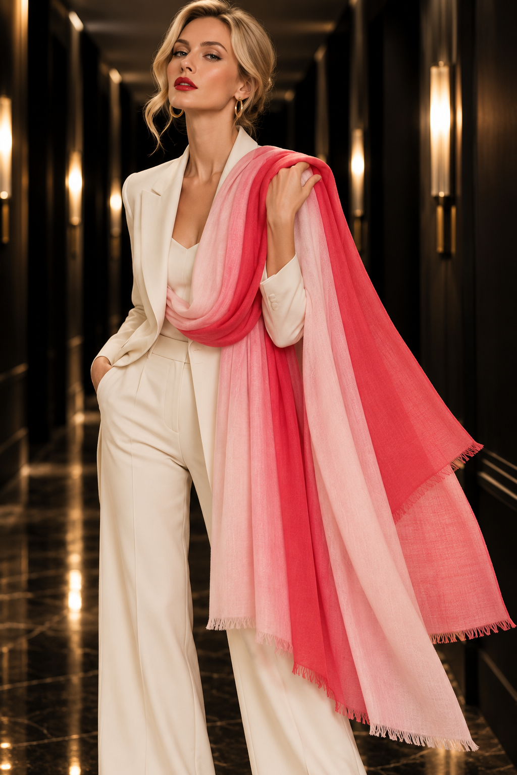 A woman in a white blazer and wide-leg trousers models a lightweight pink ombre scarf with fringed edges in a dimly lit hallway.