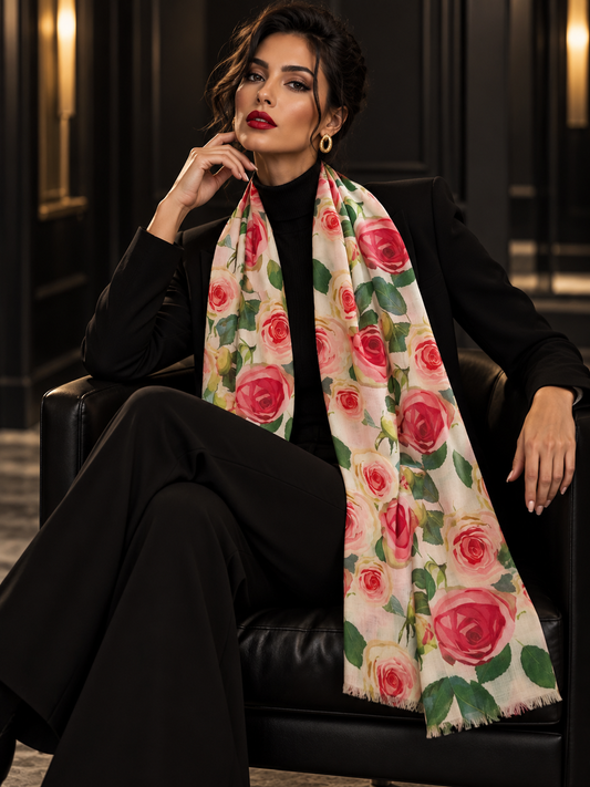 A woman seated in a black leather chair wearing a black outfit and a long cream scarf with a large pink and red rose floral print and green leaves.