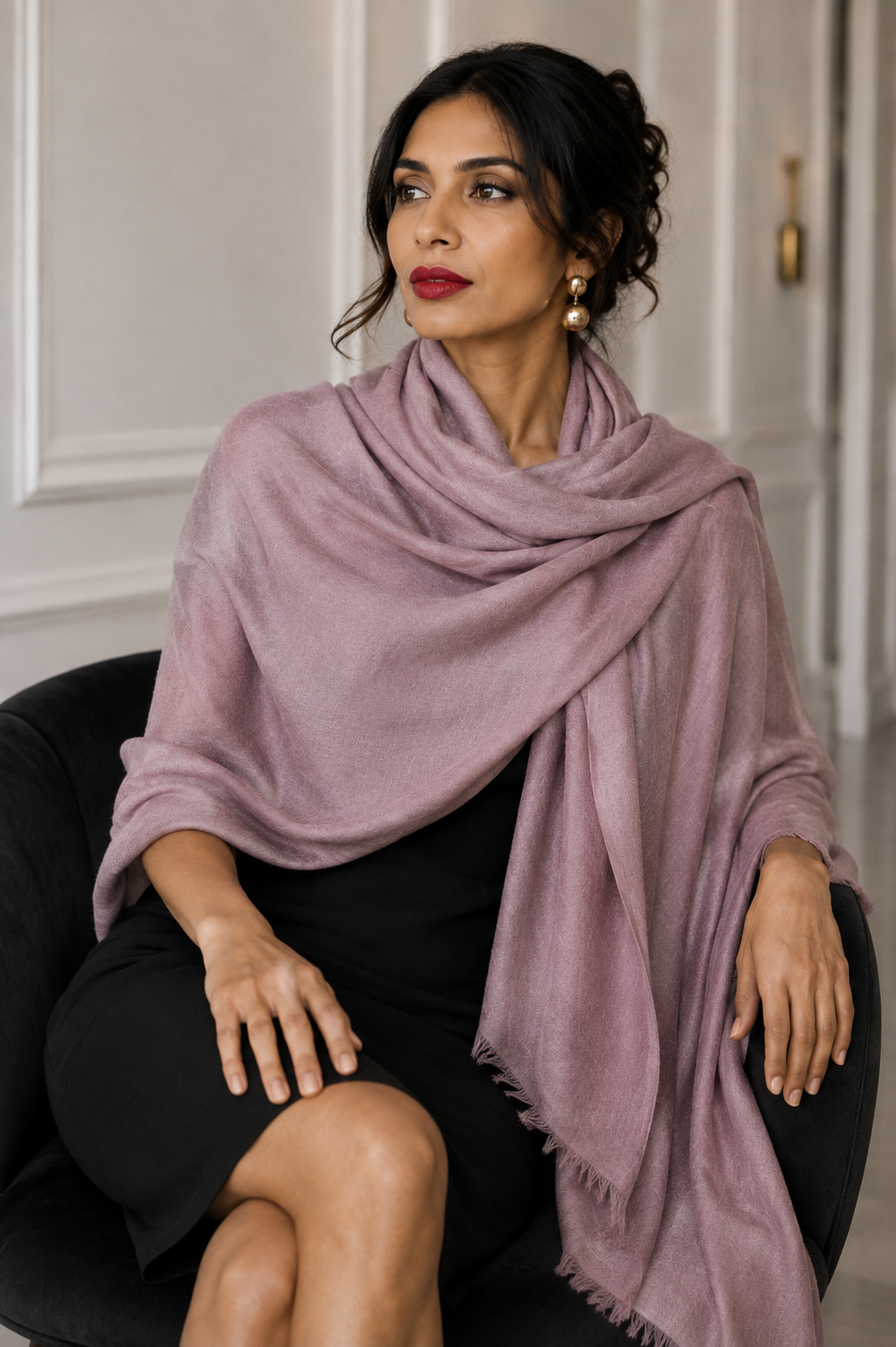 A woman wearing a light hand loomed cashmere shawl