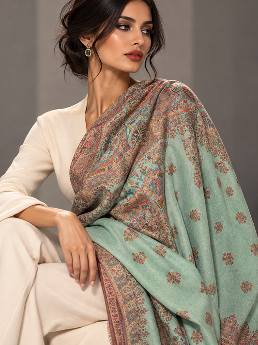 A woman seated against a gray studio background wearing a cream outfit and a draped mint green shawl or scarf with a paisley border and small floral motifs.