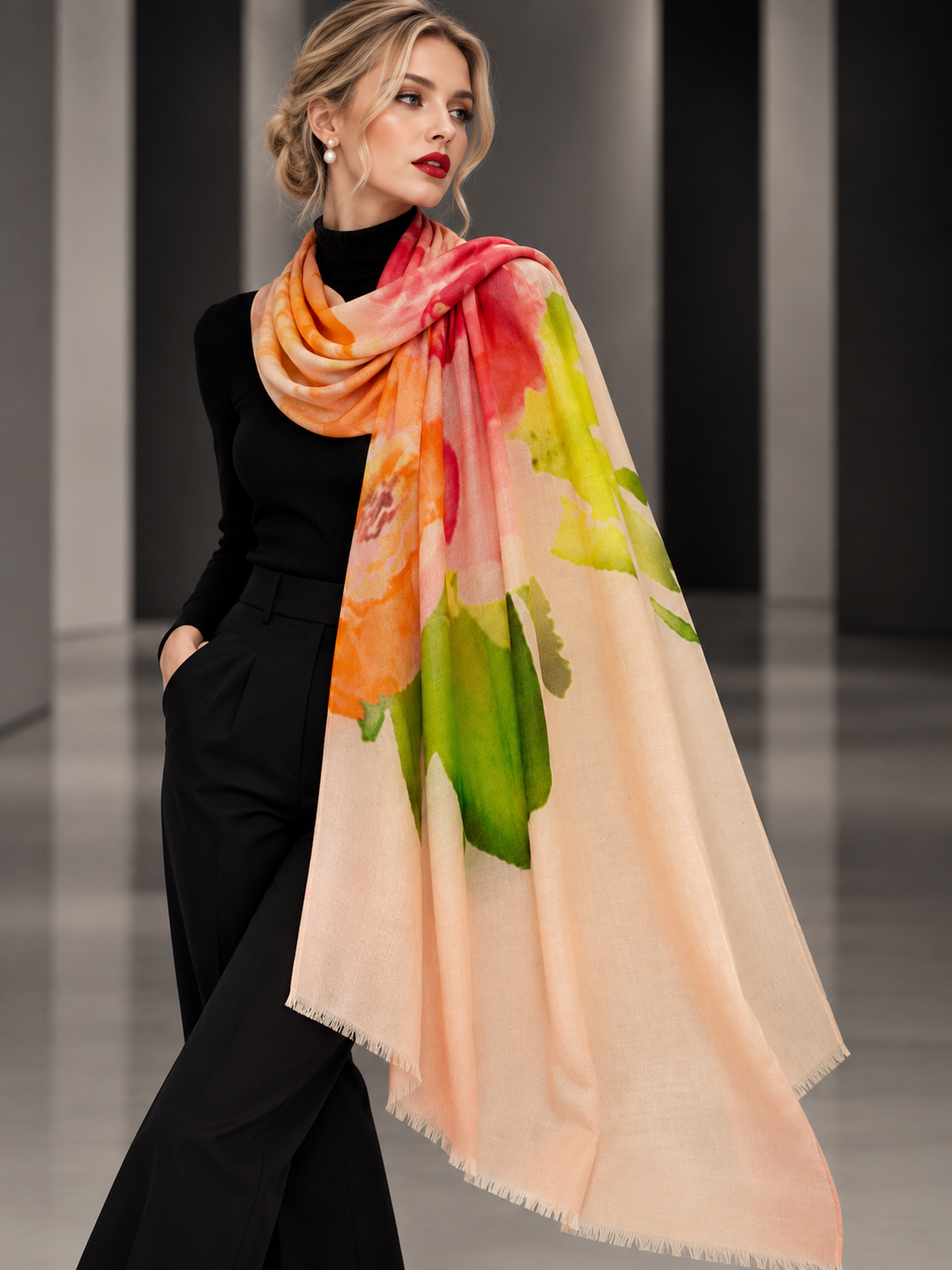 A woman modeling a lightweight peach scarf with a large watercolor floral print in orange, pink, green, and yellow, styled over a black outfit in a modern indoor setting.