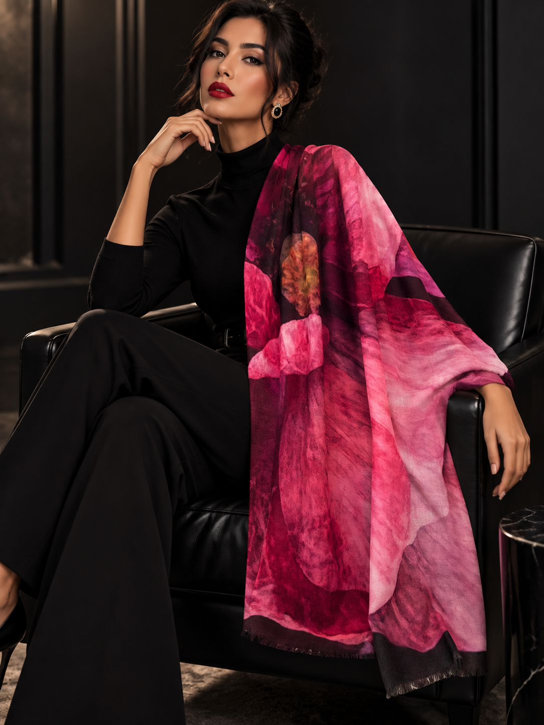 A woman seated in a black leather armchair wearing a black outfit and draping a large pink watercolor floral scarf with red, magenta, and purple tones over one shoulder.