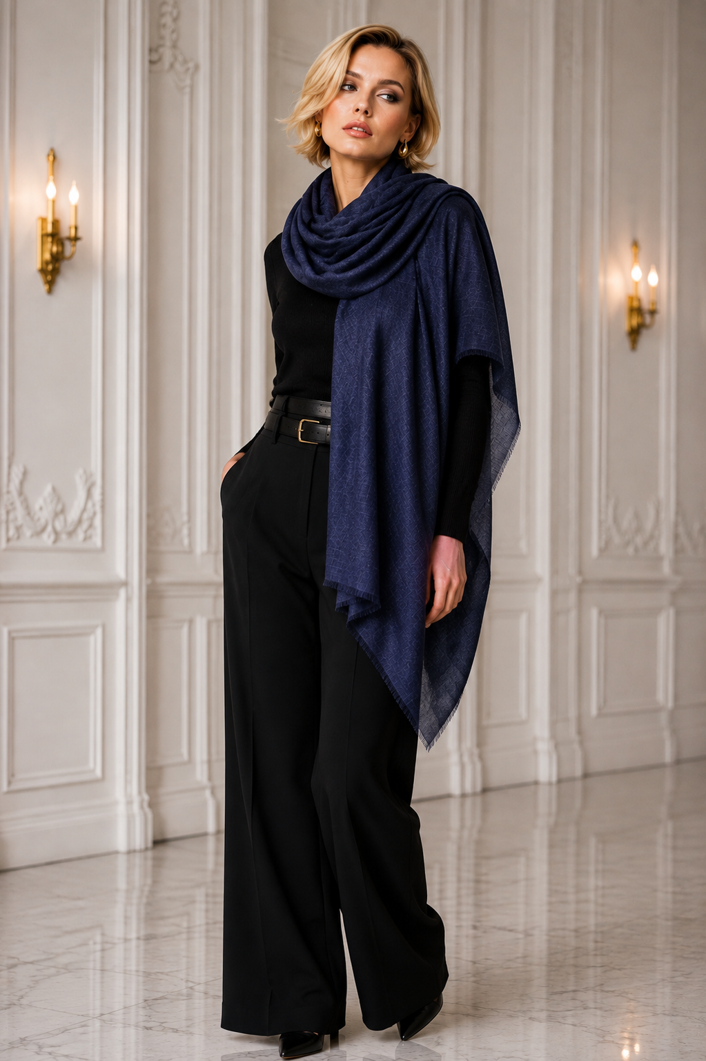 A woman models a dark navy blue draped shawl or wrap over a black outfit in an elegant