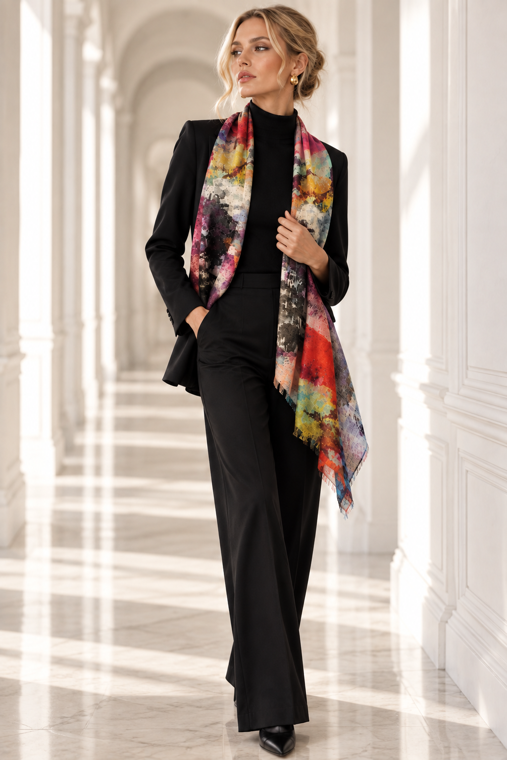 A woman models a black tailored suit with a vibrant multicolor abstract print scarf in a bright, sunlit white hallway.