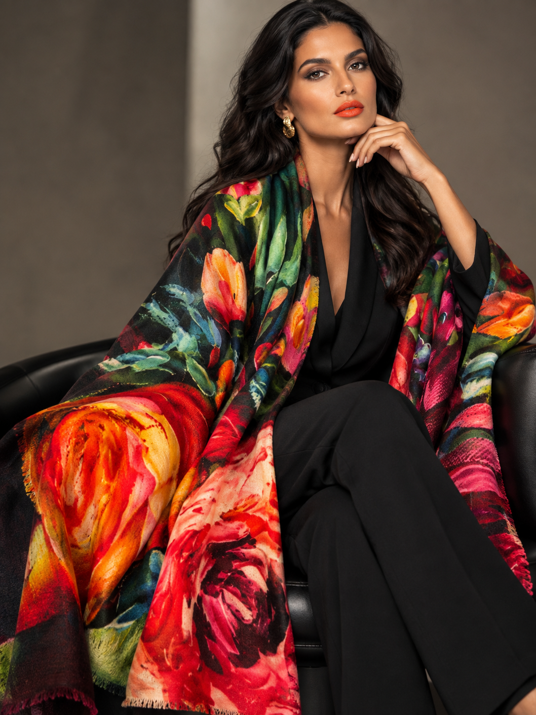 A woman seated in a black chair wearing a large, vibrant floral shawl draped over her shoulders. The shawl features a bold watercolor-style print with prominent red, orange, yellow, green, and pink floral motifs over a dark base.