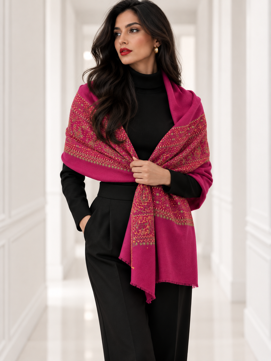 A woman modeling a vibrant magenta shawl with intricate gold and green geometric patterns, styled over a black turtleneck and black trousers in a bright, white hallway.
