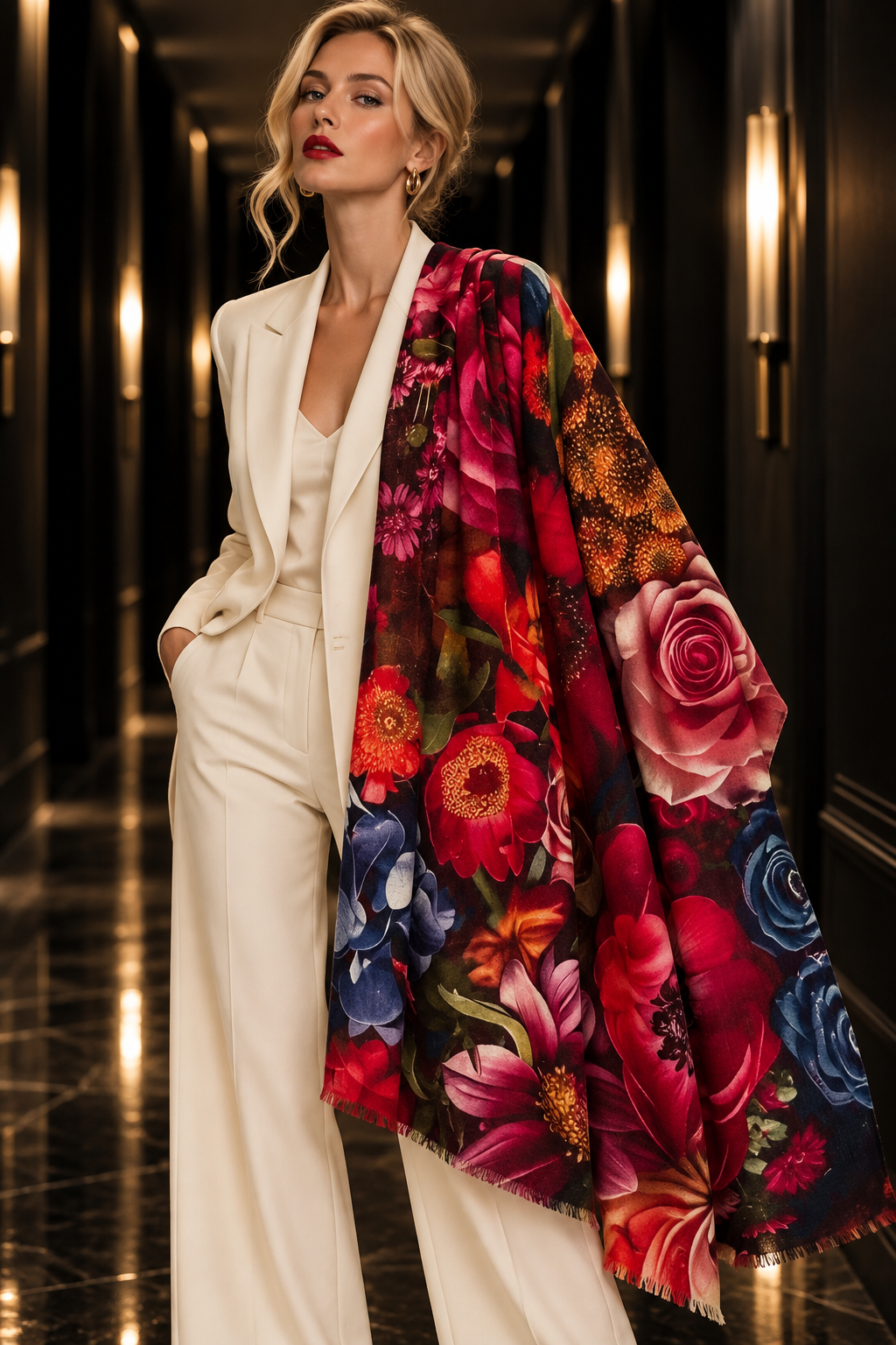 A woman stands in a dark hallway wearing a cream-colored blazer and trousers, with a large, vibrant floral shawl draped over her shoulder. The shawl features a rich pattern of red, pink, blue, and orange flowers on a dark background.