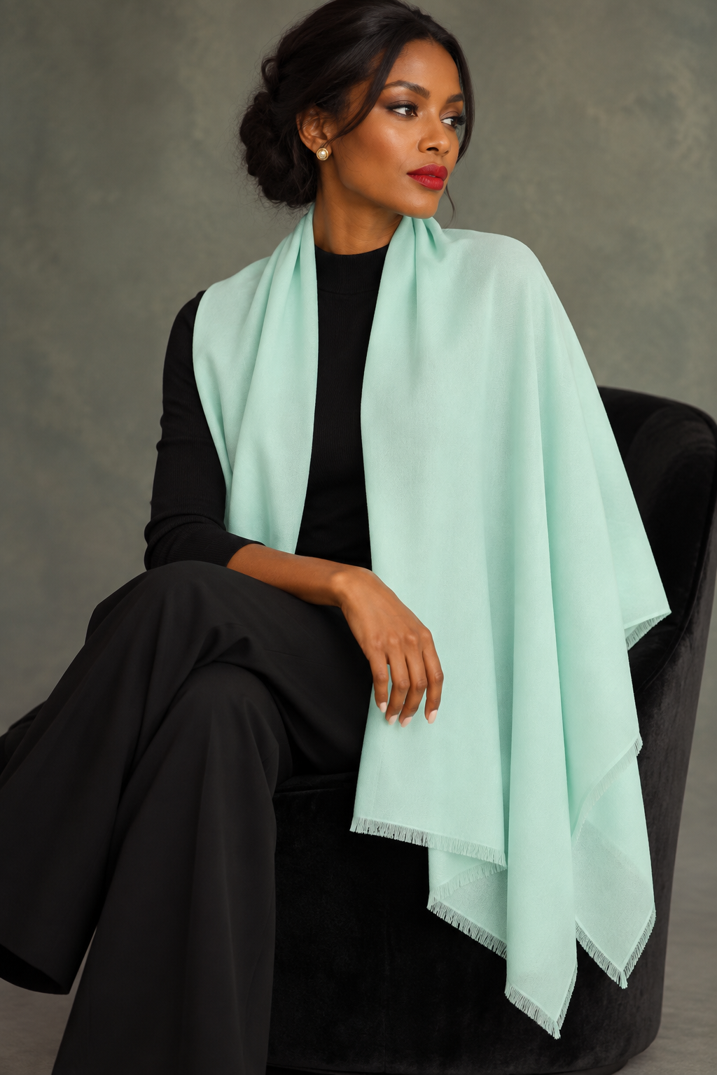 A woman seated on a black chair wearing a pale mint green shawl over a black outfit, against a textured gray studio background.