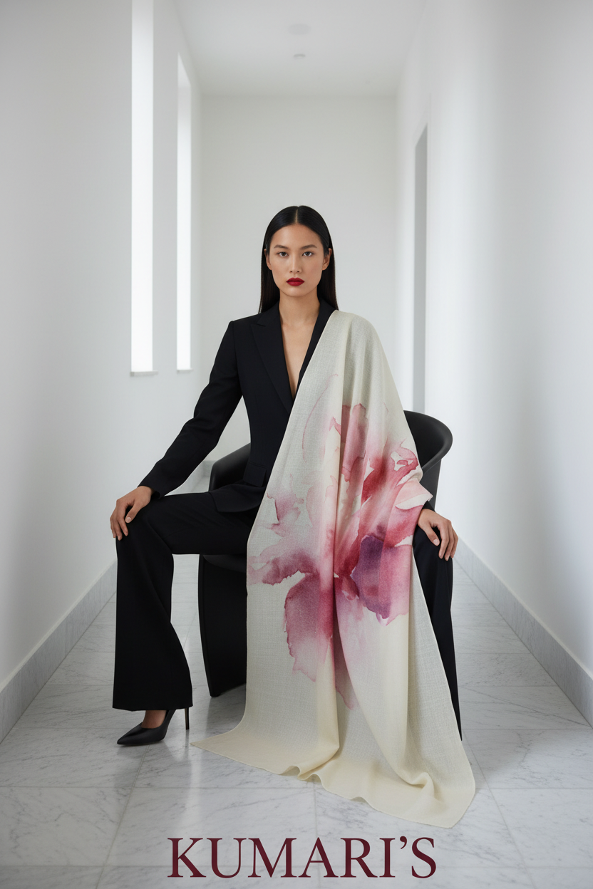 A woman in a black pantsuit sits on a black chair in a bright white hallway, draped with a large cream-colored scarf featuring a large pink and red watercolor floral print. The brand name 'KUMARI'S' is printed at the bottom.