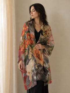 Petal & Loom scarf with impressionist garden scene print in coral, terracotta, and sage — draped as an open wrap over black dress, standing