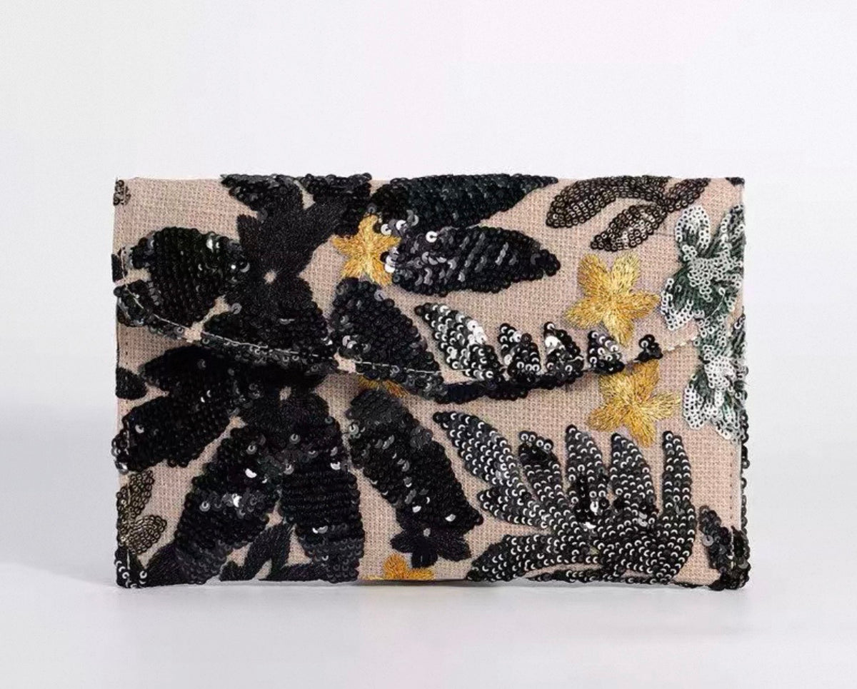 Black floral sequin clutch