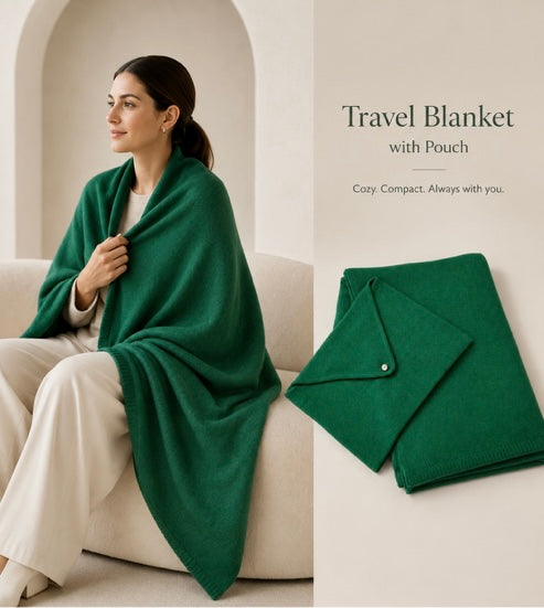 Green Cashmere Travel Blanket In Pouch