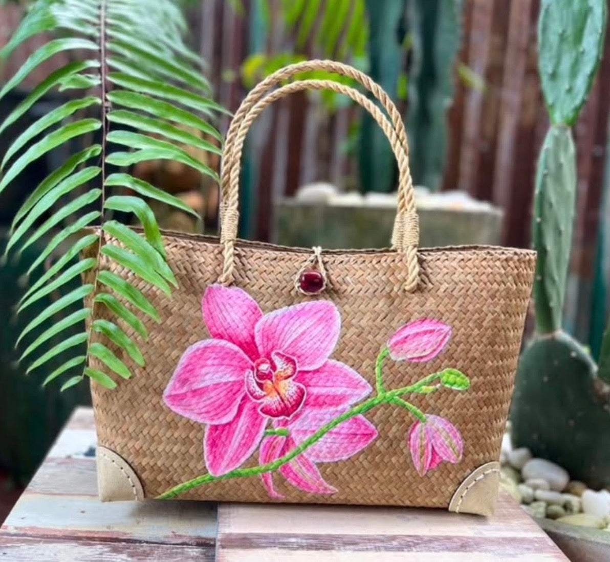 Pink hand painted handwoven handbag