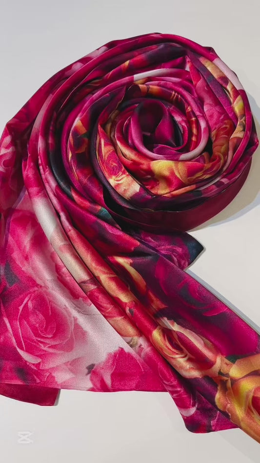 Silk rose scarf with floral rose print - luxury 100% silk accessory