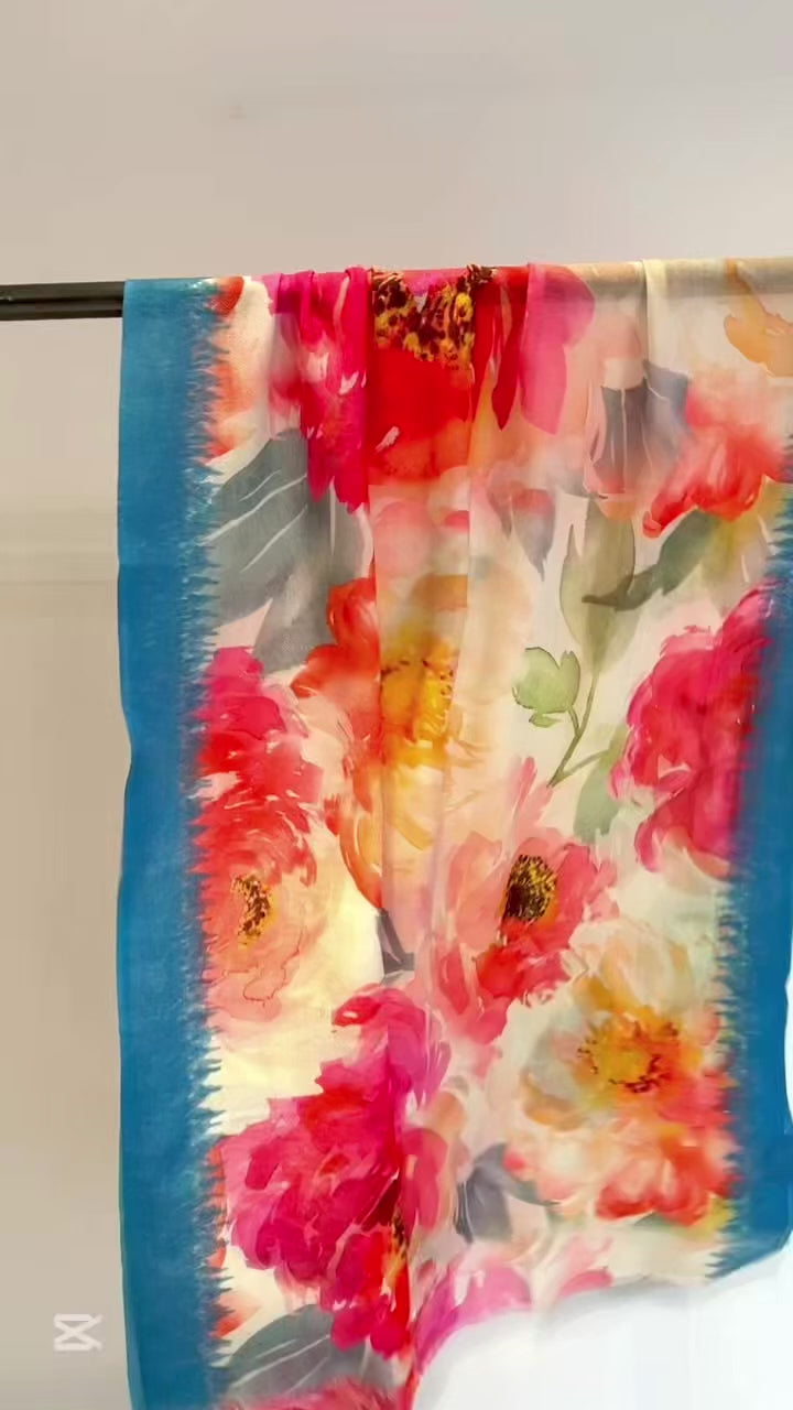 Floral scarf in jewel tones - intricate floral motifs on premium wool silk blend
