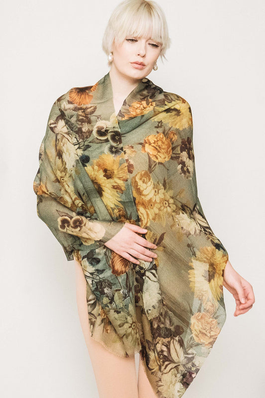 Floral Silk Wool Scarf.